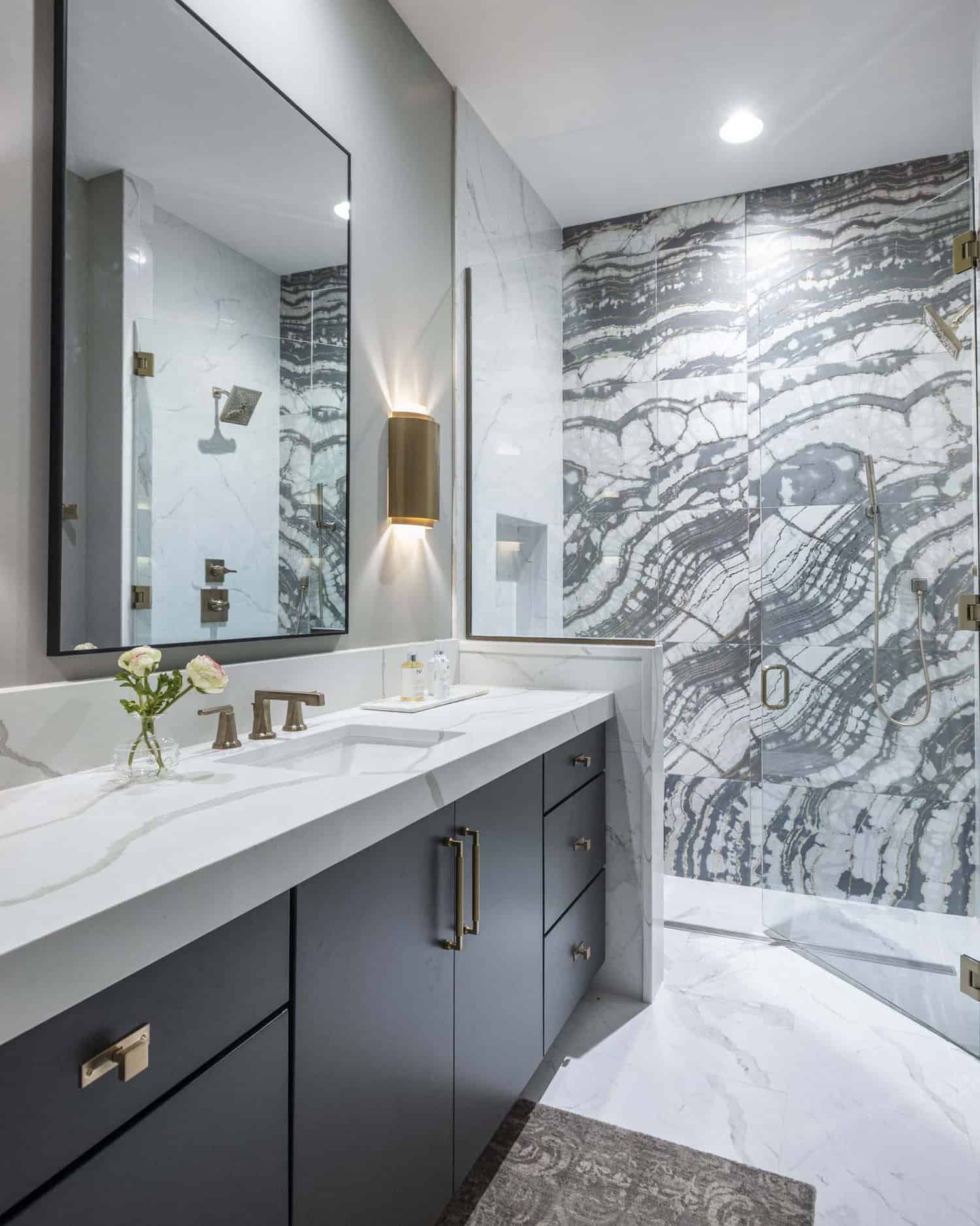 contemporary bathroom vanity and shower