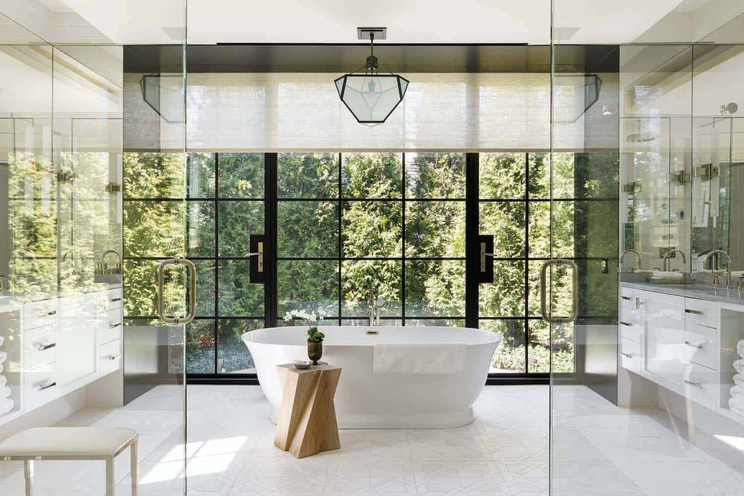 contemporary bathroom shower and freestanding tub combo with floor-to-ceiling windows
