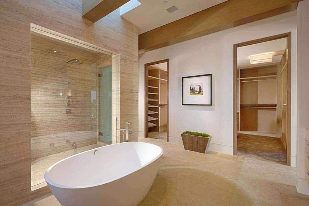 contemporary bathroom with a freestanding tub and walk-in shower