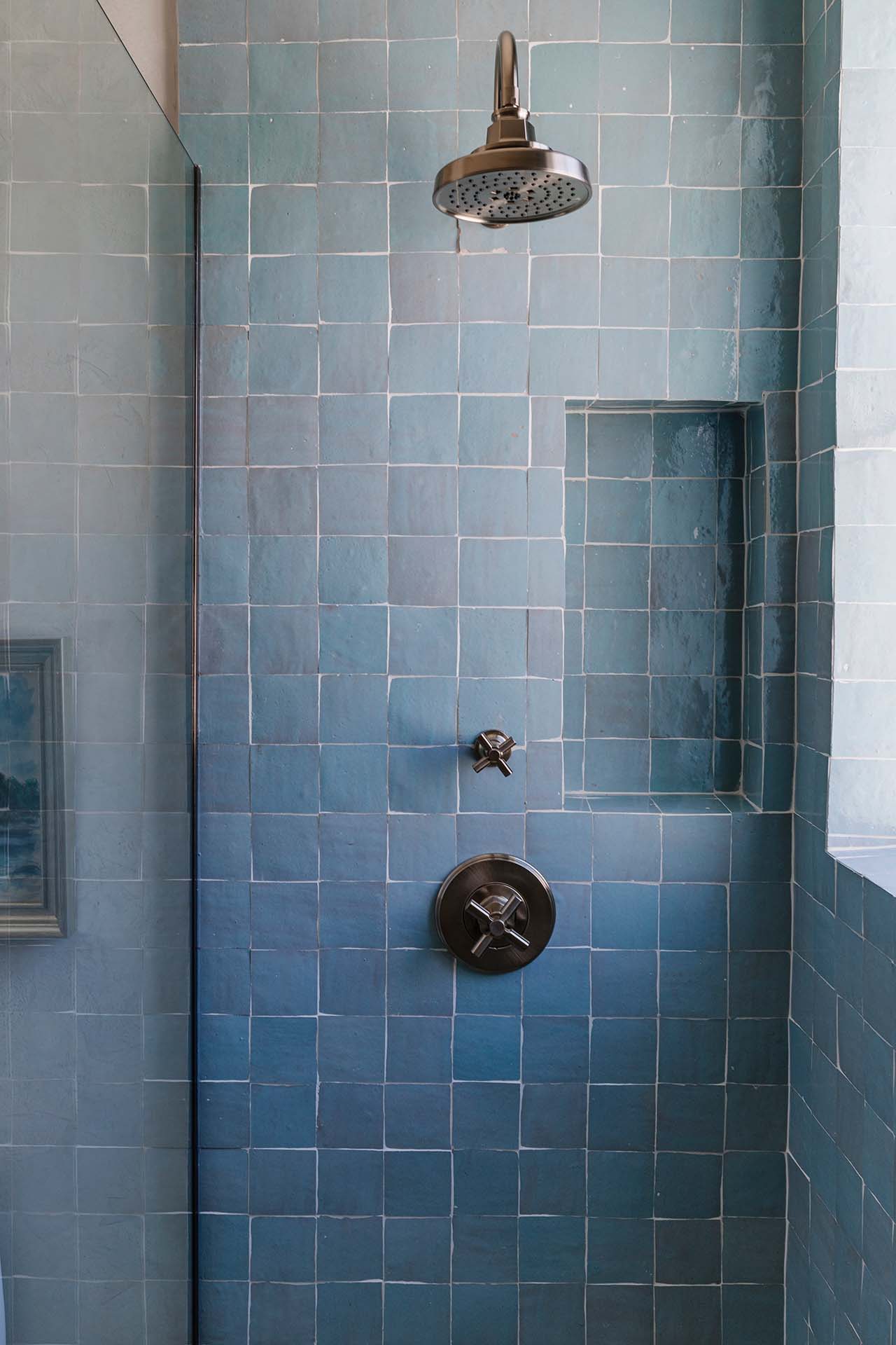 modern bathroom shower with blue tile