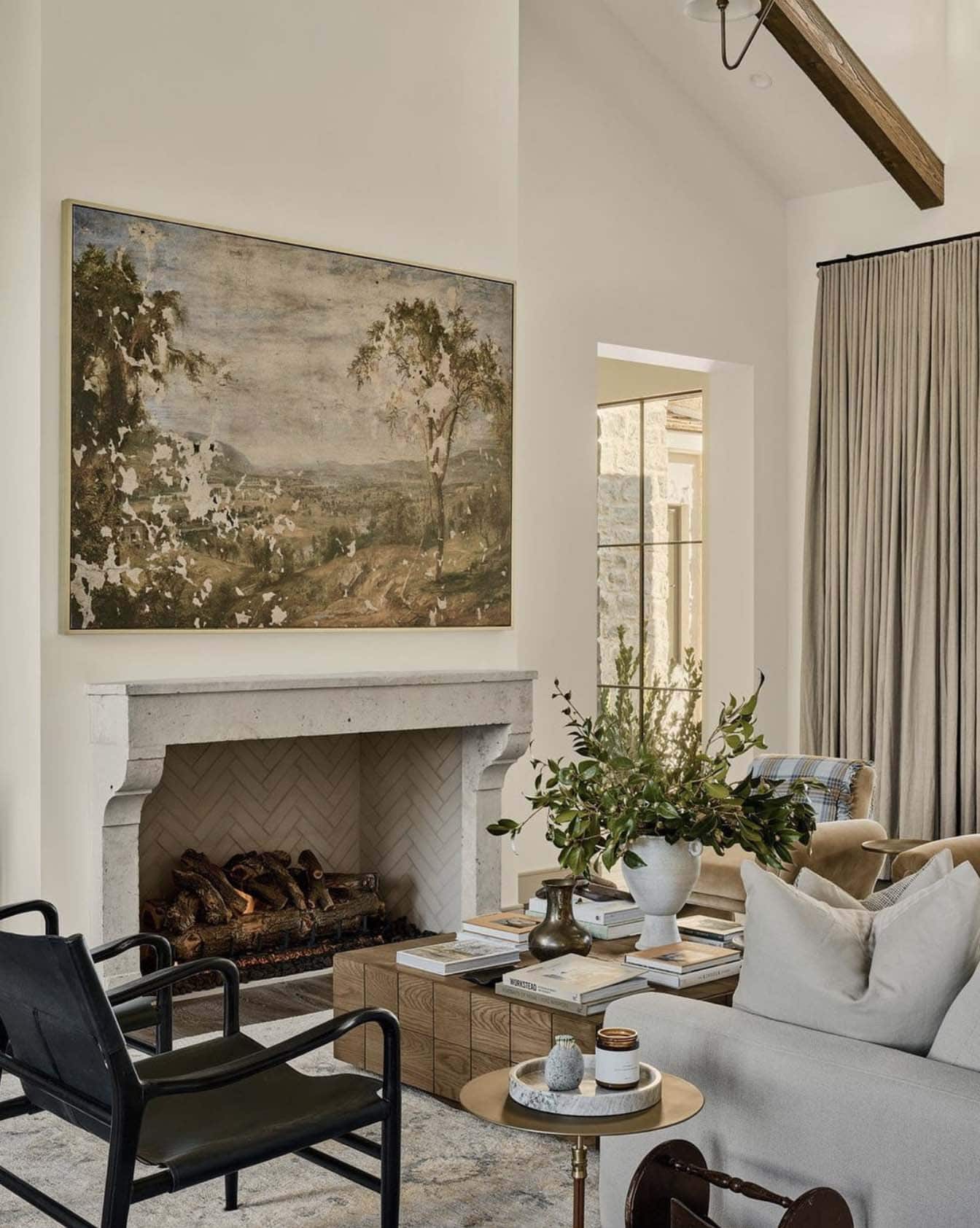 elegant English country style living room with a fireplace