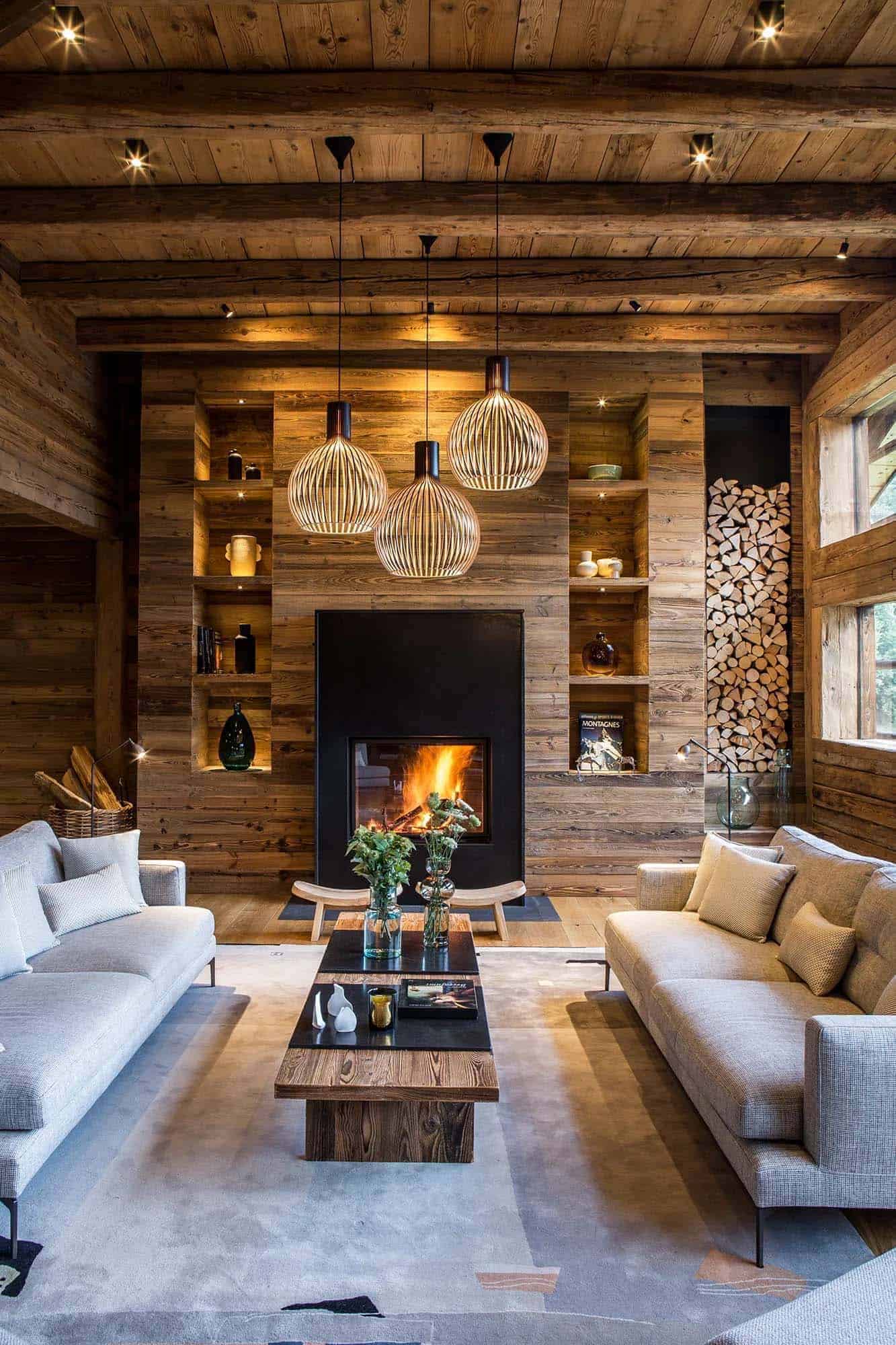 rustic mountain chalet living room with a fireplace