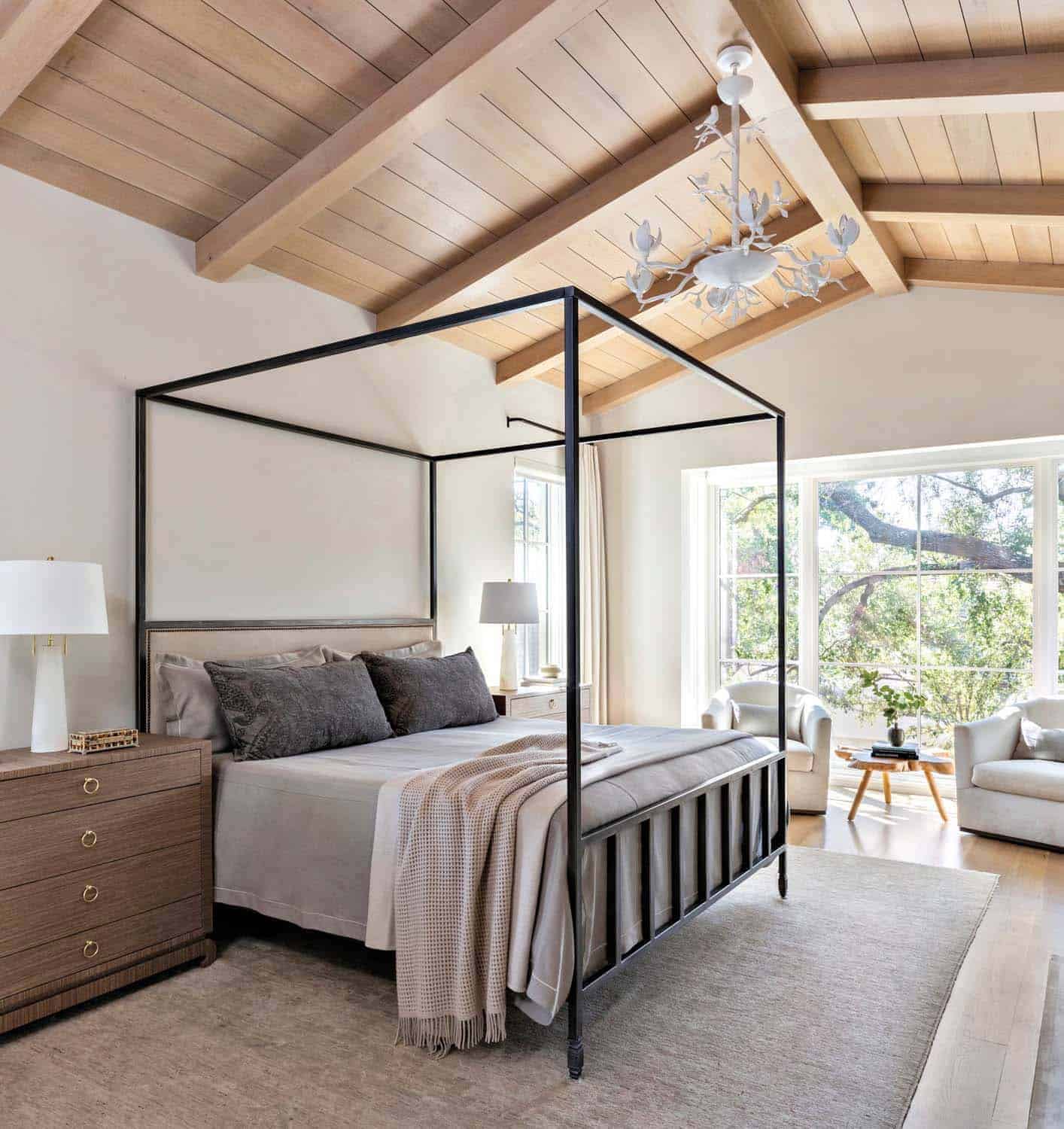 French provincial style bedroom with a wood ceiling