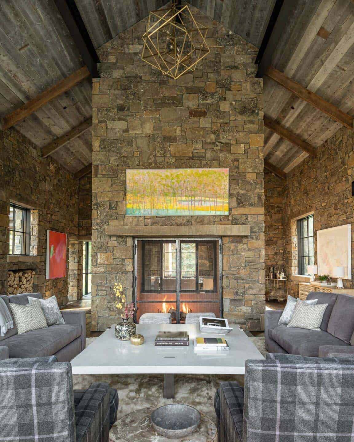 gorgeous rustic mountain style living room with a fireplace