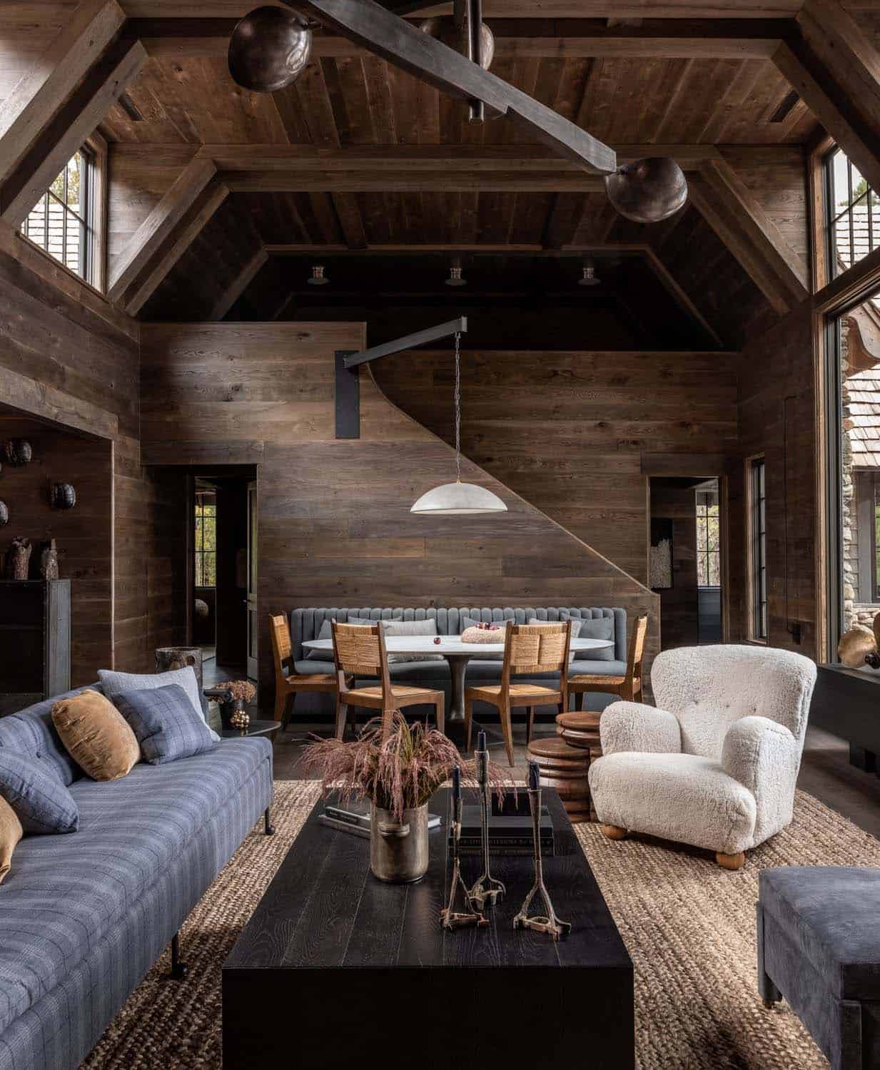 rustic living room with a vaulted ceiling