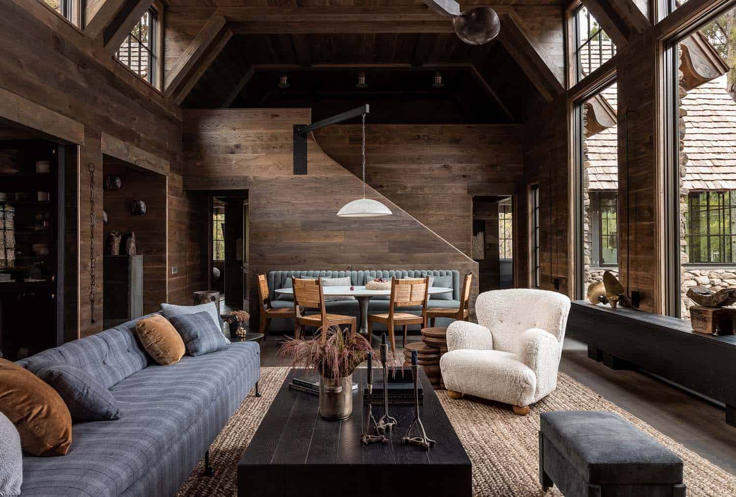 rustic living room with a vaulted ceiling
