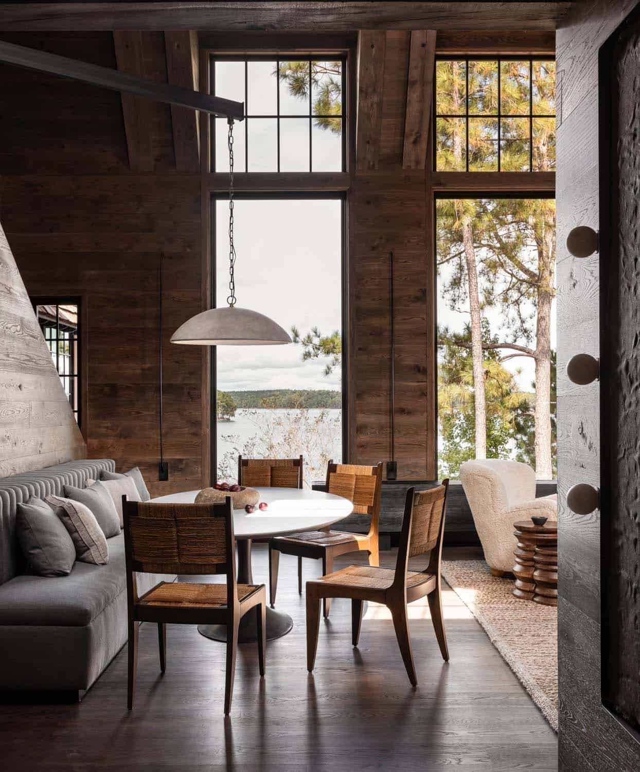 rustic dining banquette with a window view