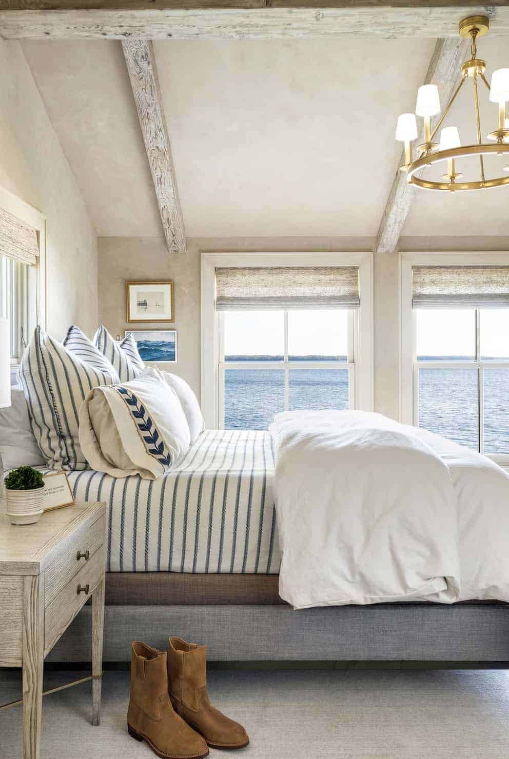 irish cottage inspired bedroom with water views