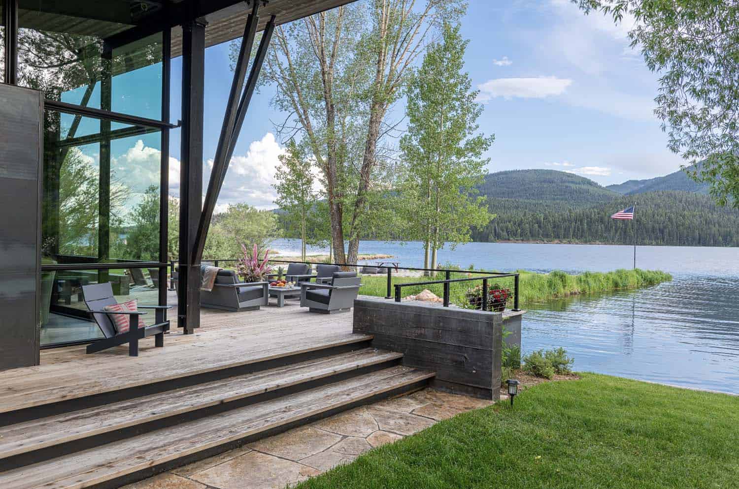 lake house cabin exterior with a patio