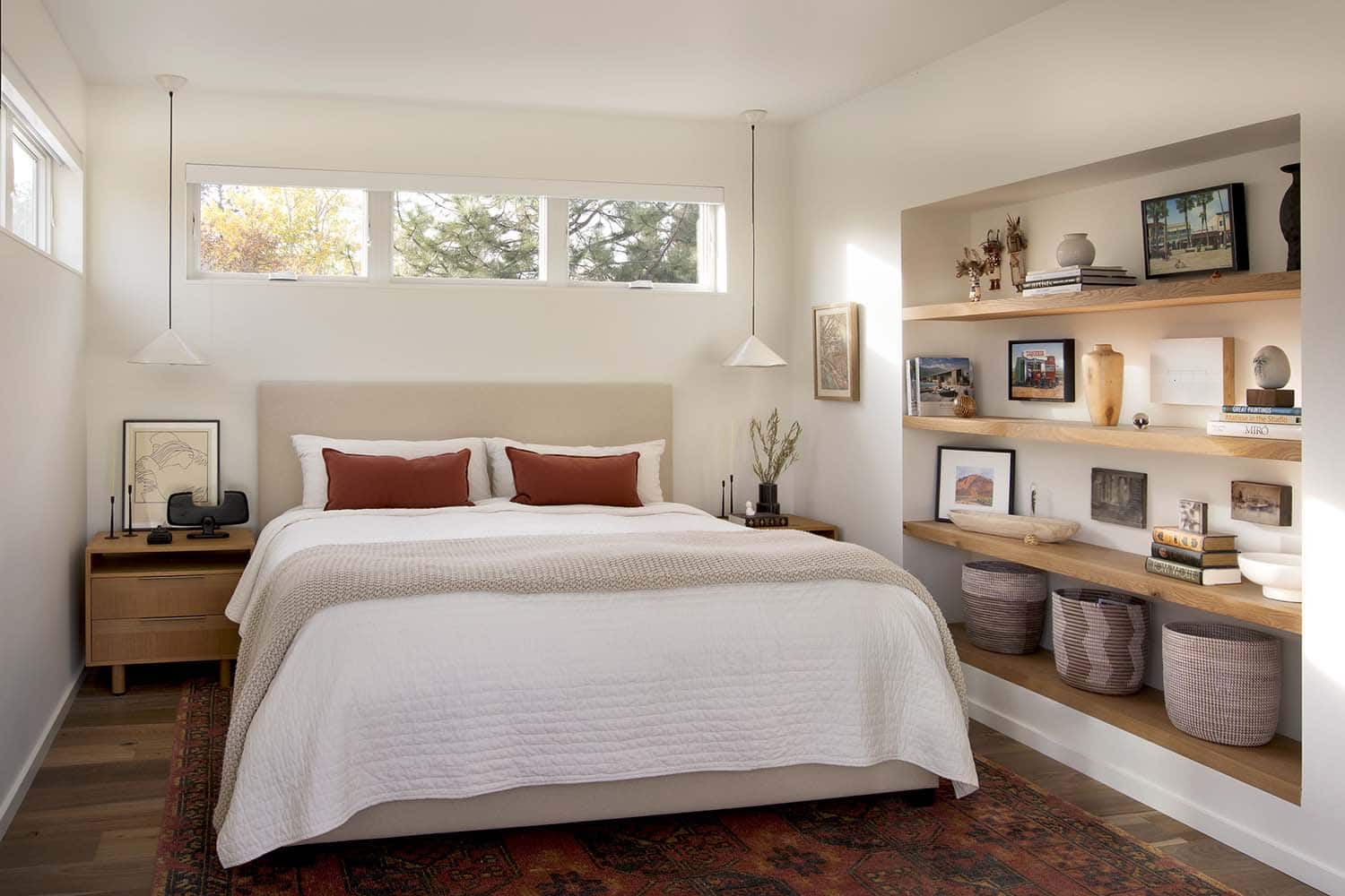 minimalist bedroom with open shelves