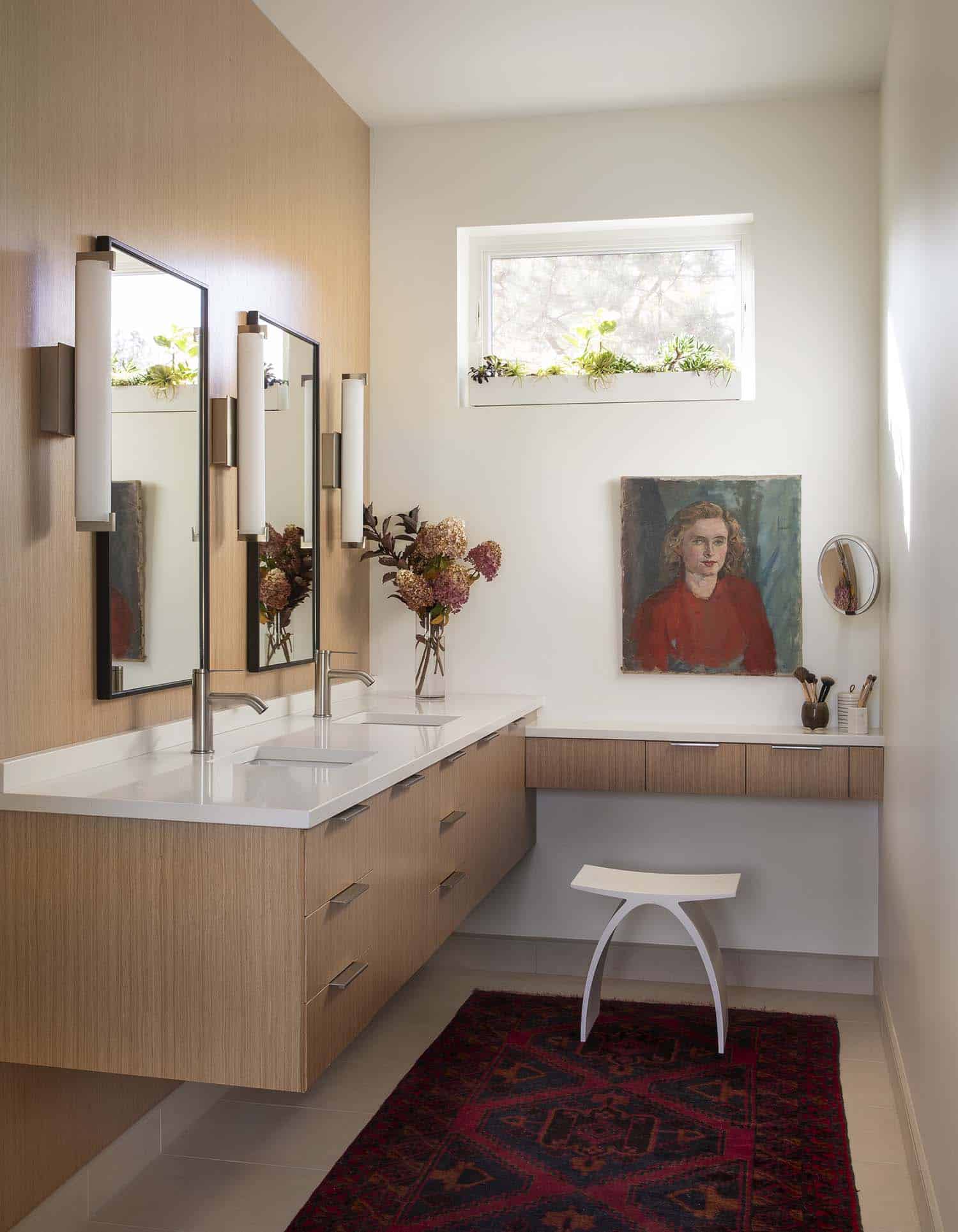 minimalist bathroom with a makeup vanity