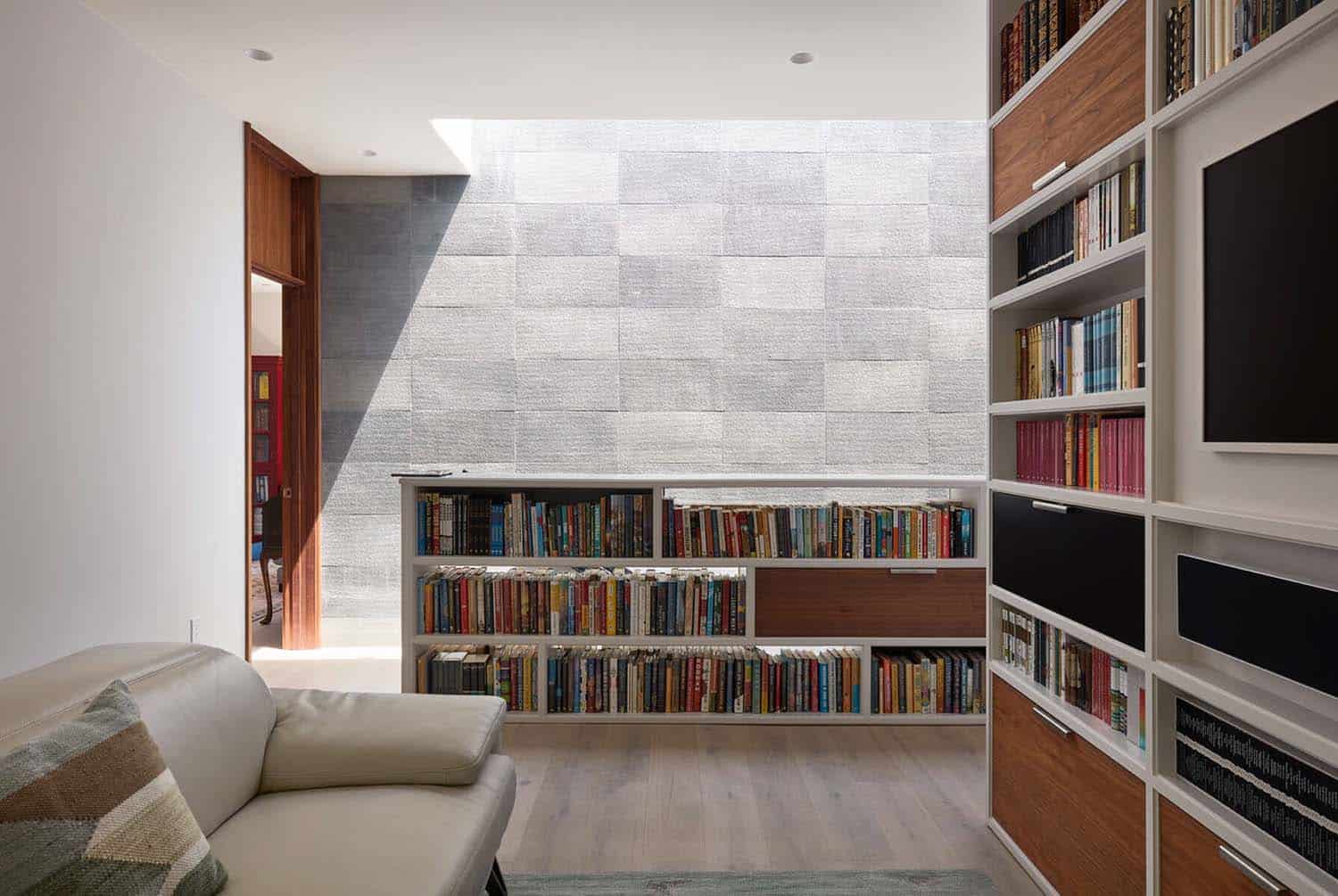 modern living room with a bookcase