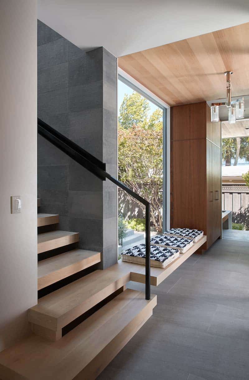 modern hallway with a built-in bench
