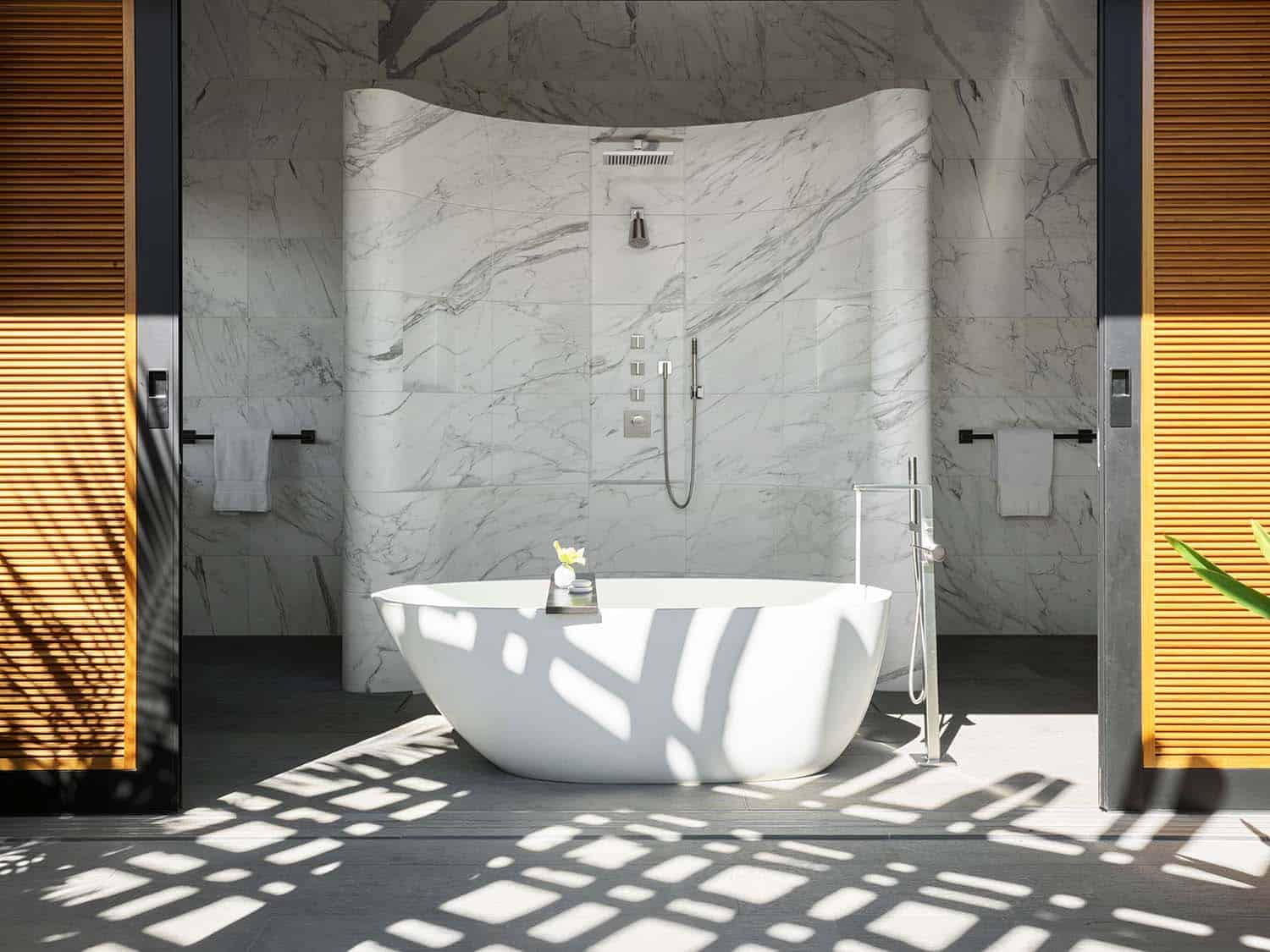modern coastal style bathroom with a freestanding tub