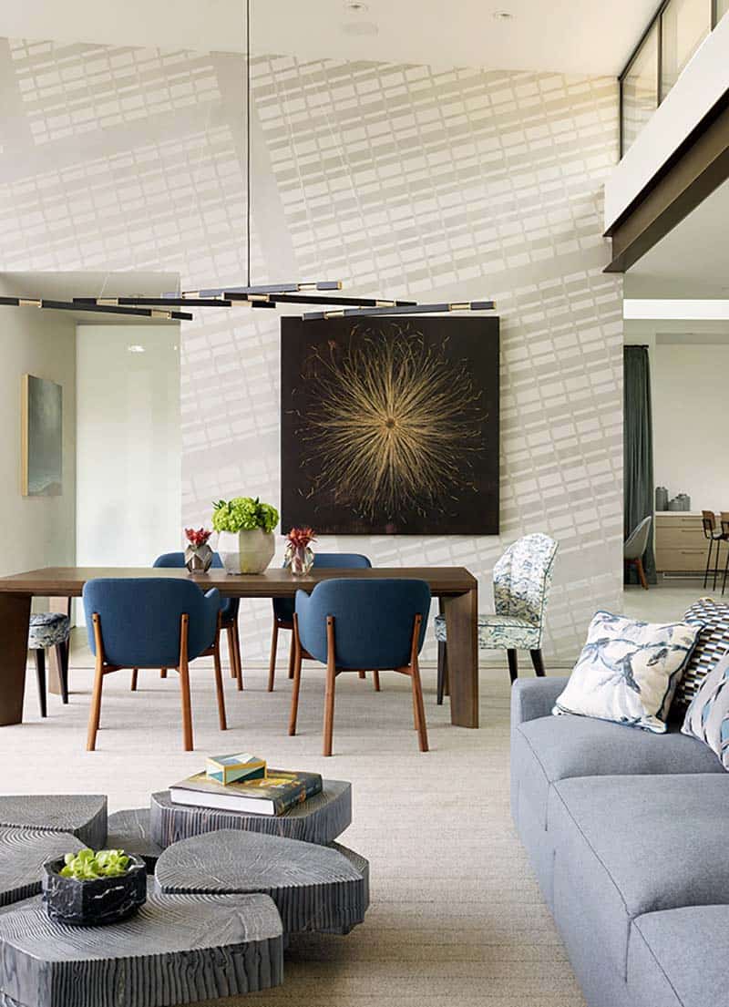 modern living and dining room with artwork