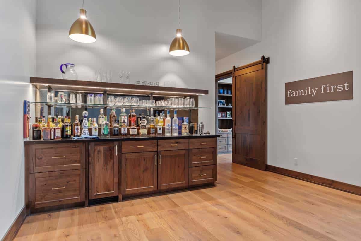 modern entertainment room with a home bar
