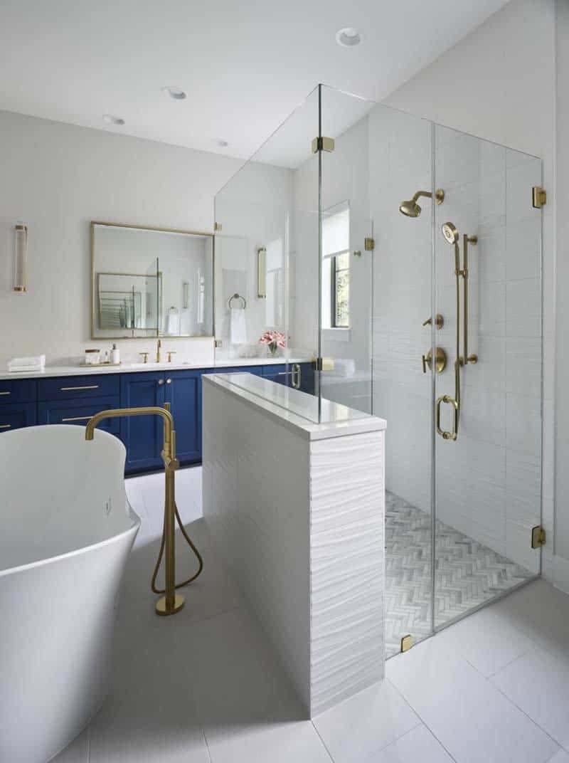 modern bathroom with a freestanding tub and walk-in shower