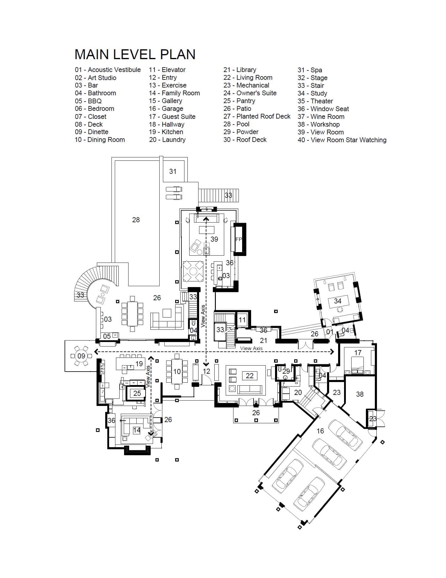 modern hilltop house main level floor plan