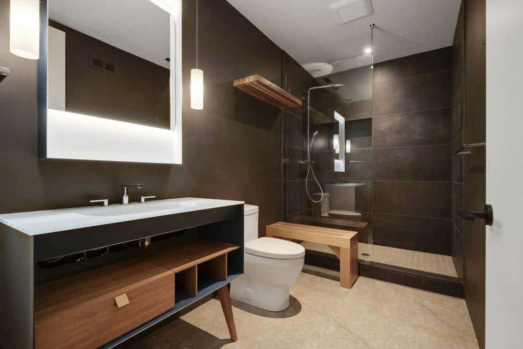 modern bathroom with a vanity and large shower