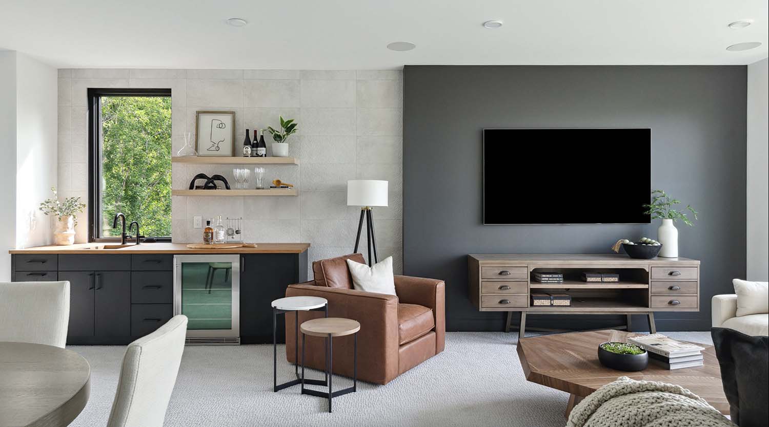 modern family room with a home bar