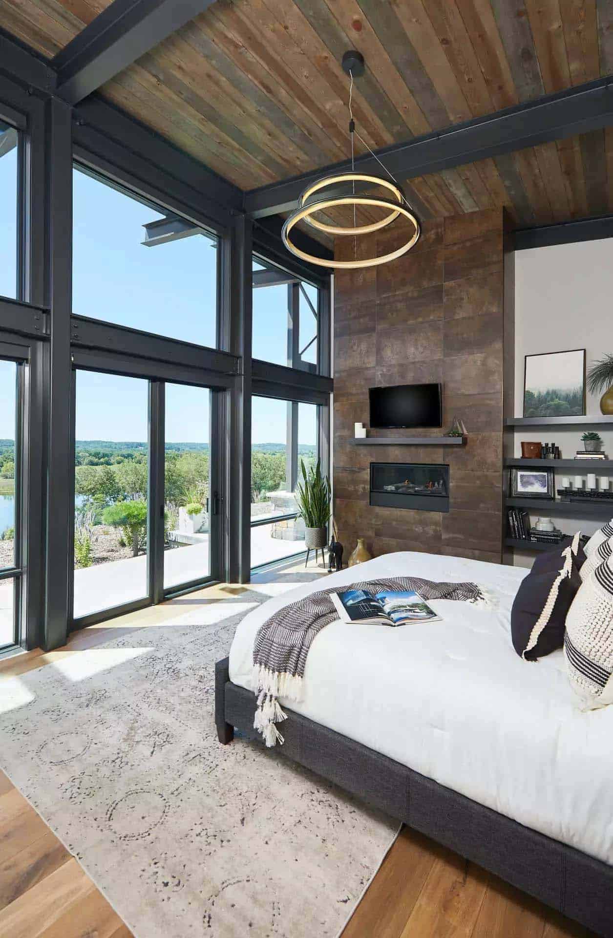 modern mountain style bedroom with a fireplace
