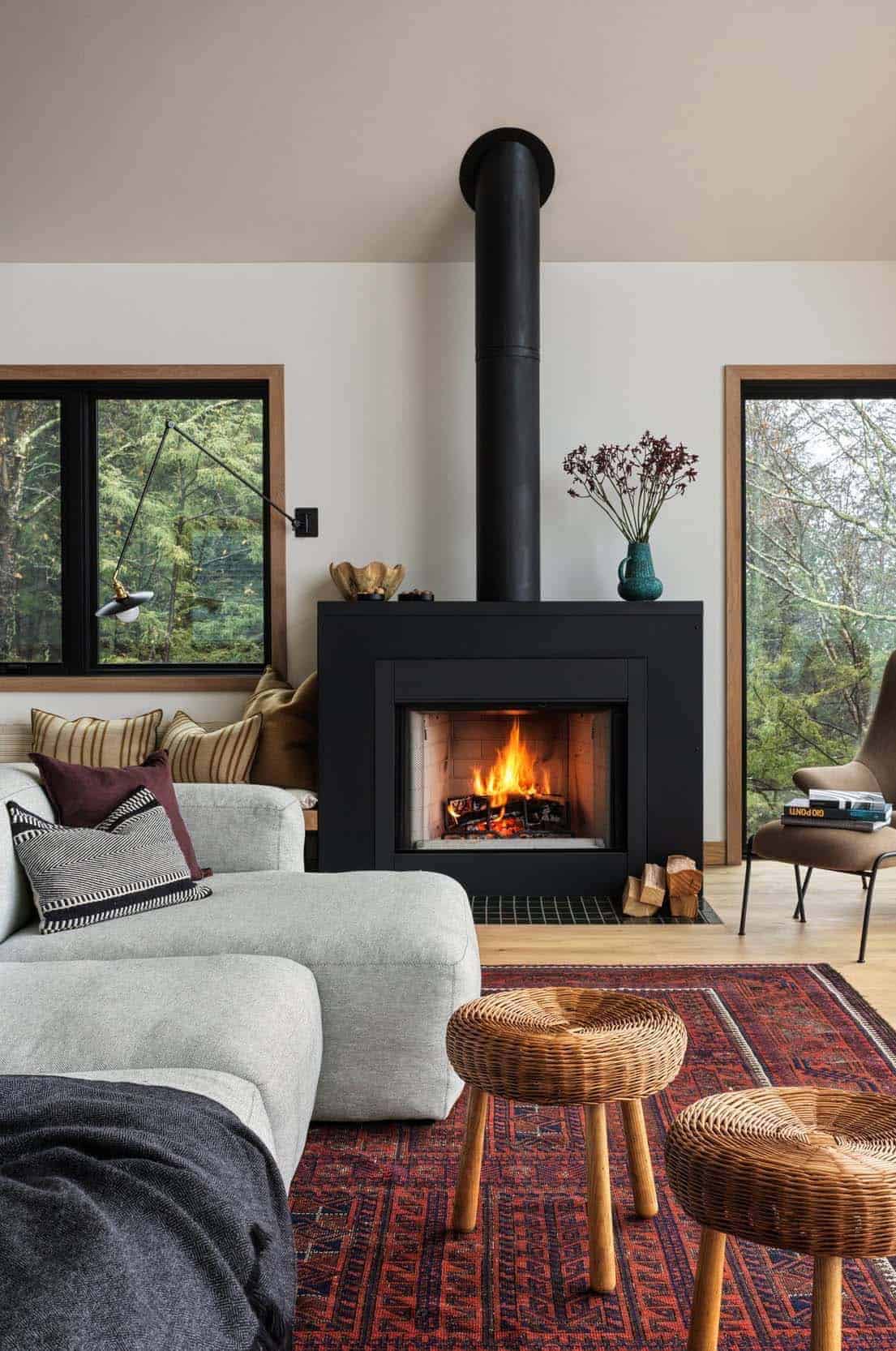 modern mountain style living room with a fireplace stove