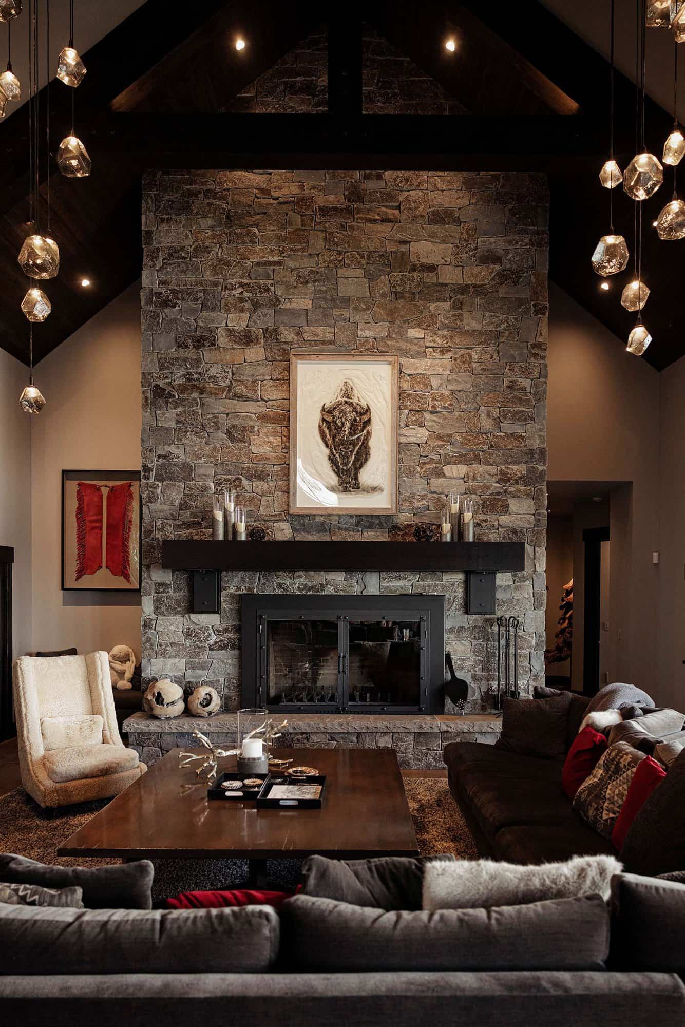 modern-rustic living room with a stone fireplace