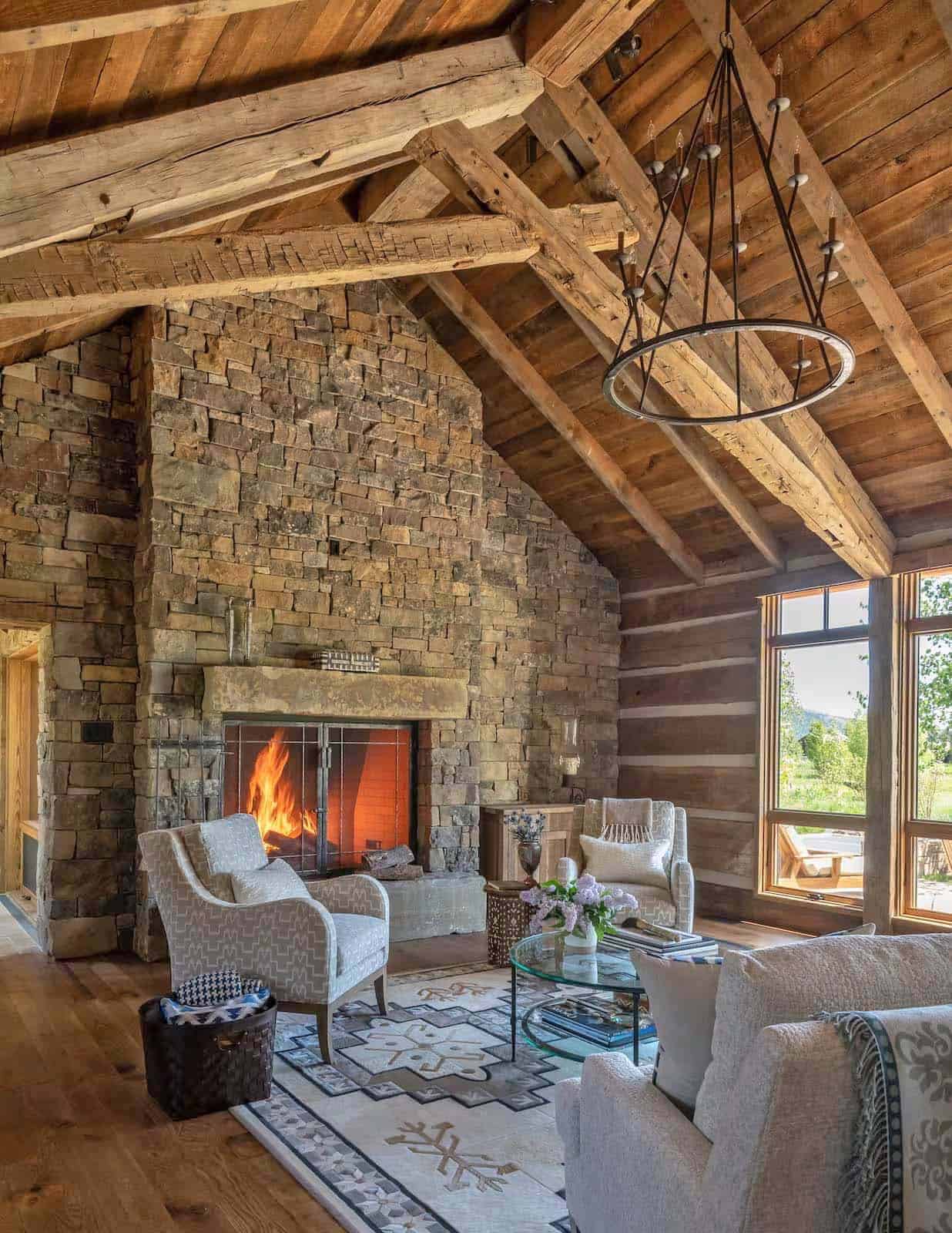 modern rustic mountain style living room with a fireplace
