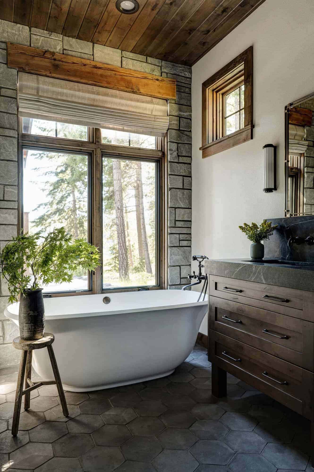 modern rustic bathroom with a vanity and freestanding tub