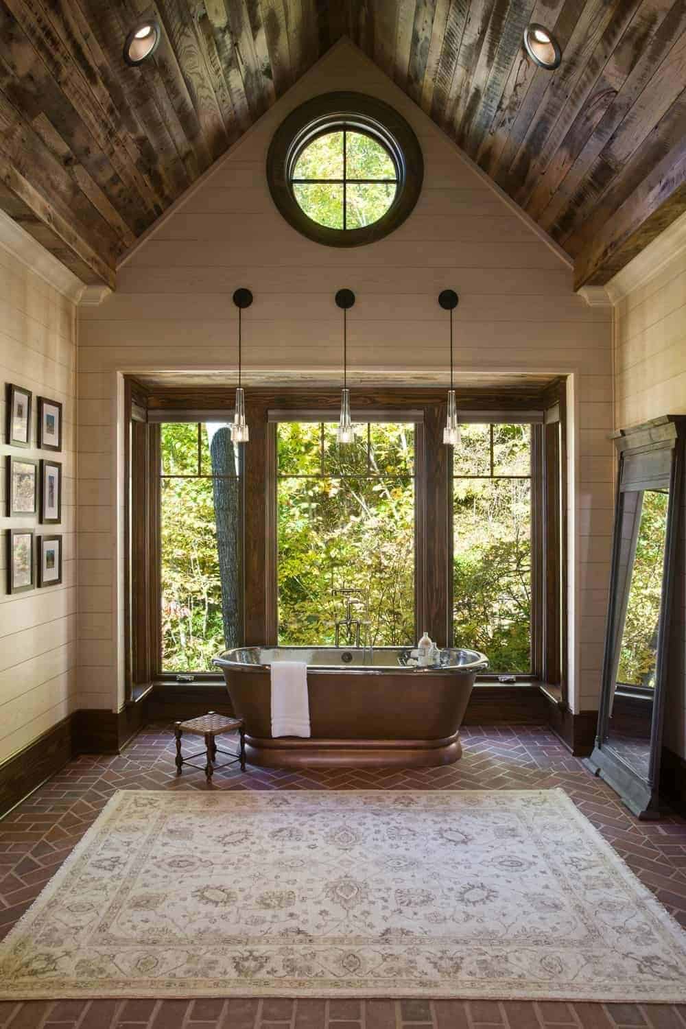 rustic modern bathroom with a freestanding tub