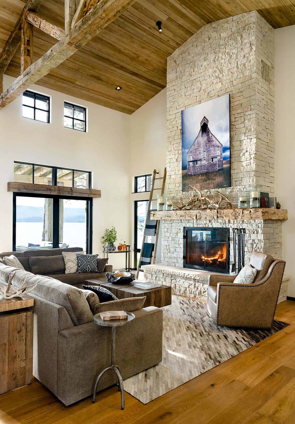 rustic modern living room with a fireplace