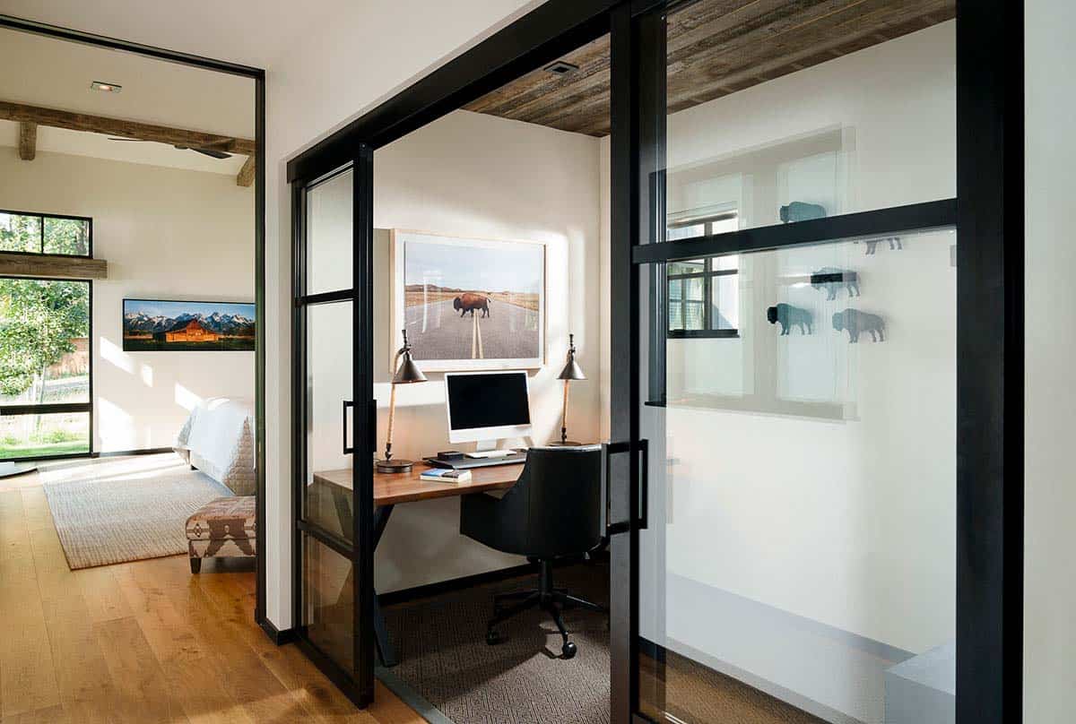 modern home office with sliding glass doors