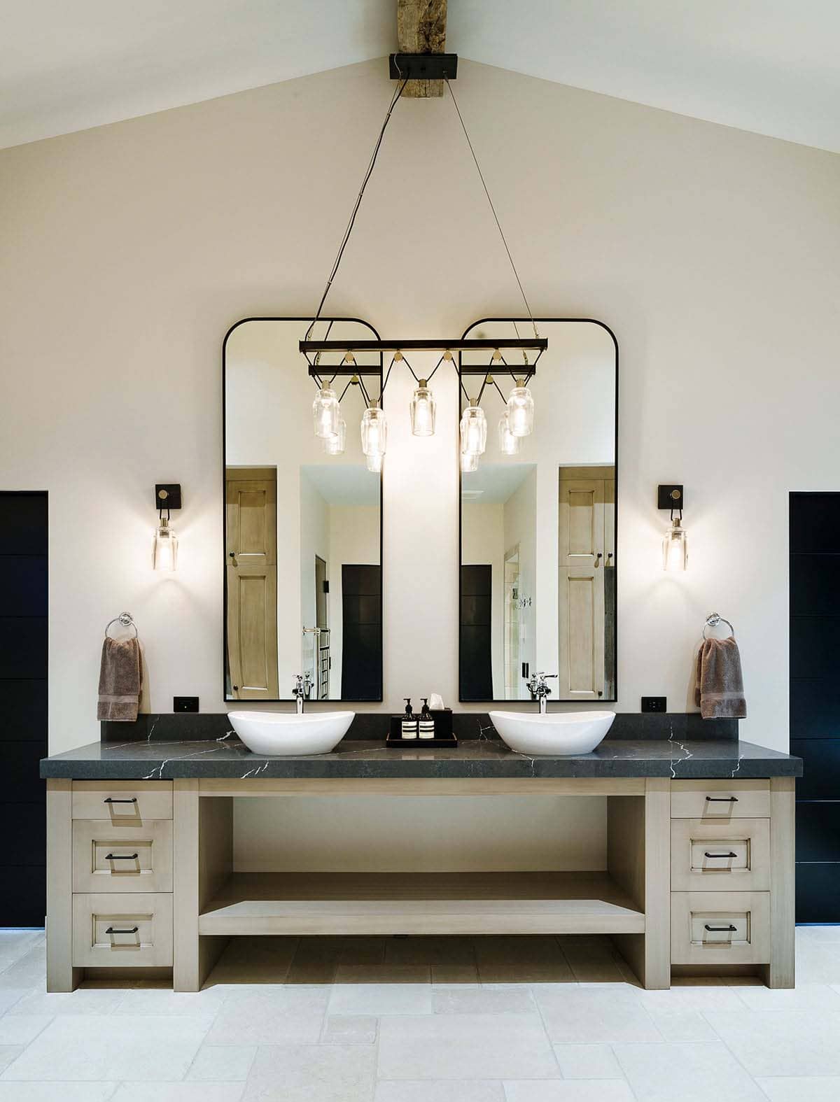 modern bathroom vanity with dual sinks and mirrors