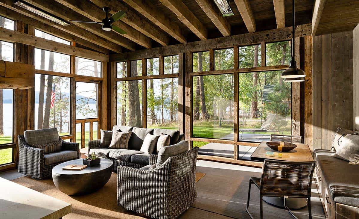 rustic modern screened porch with outdoor furniture