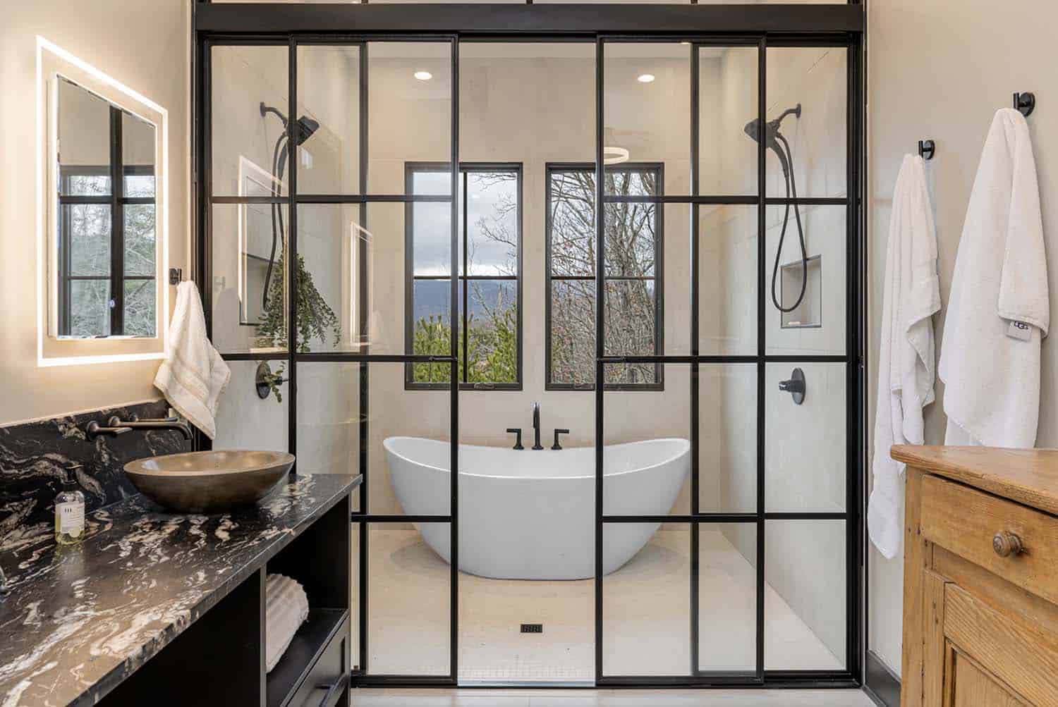 old world craftsman style bathroom with a large walk-in shower and tub combo