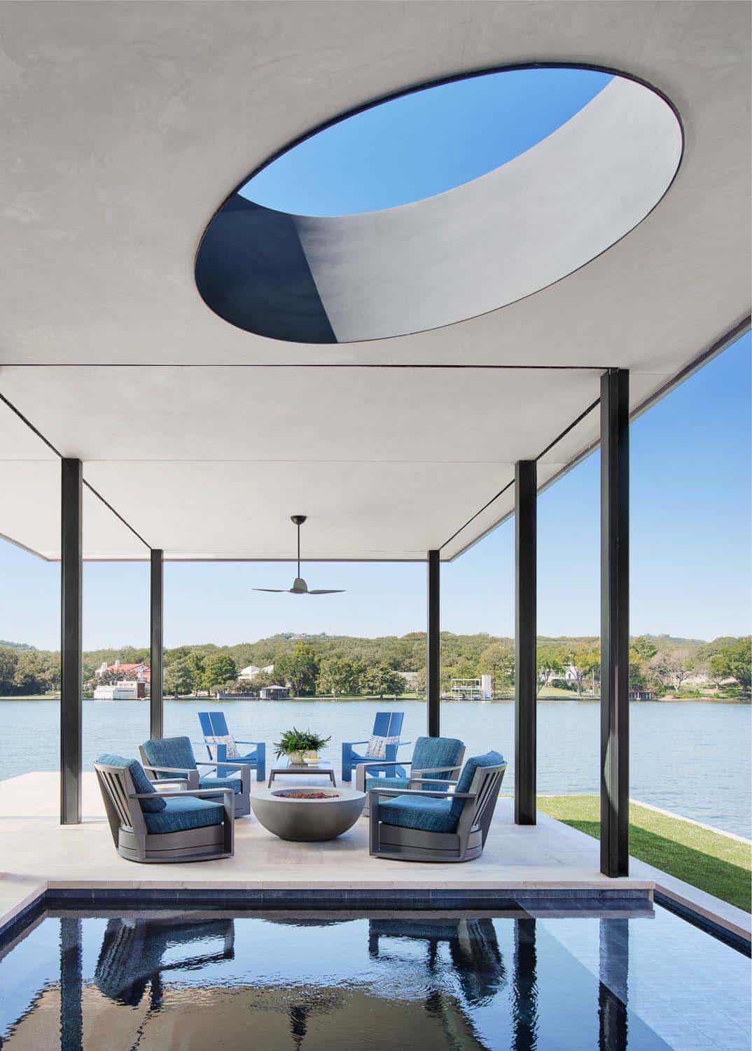 modern covered patio with an oculus and view of the lake