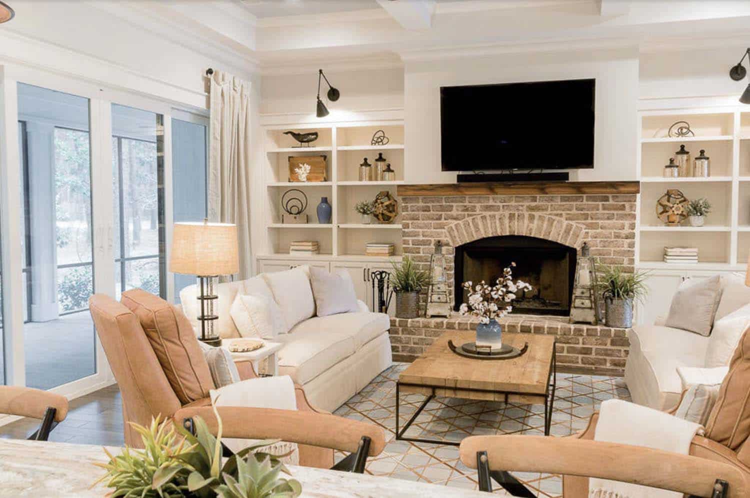 farmhouse living room with a fireplace