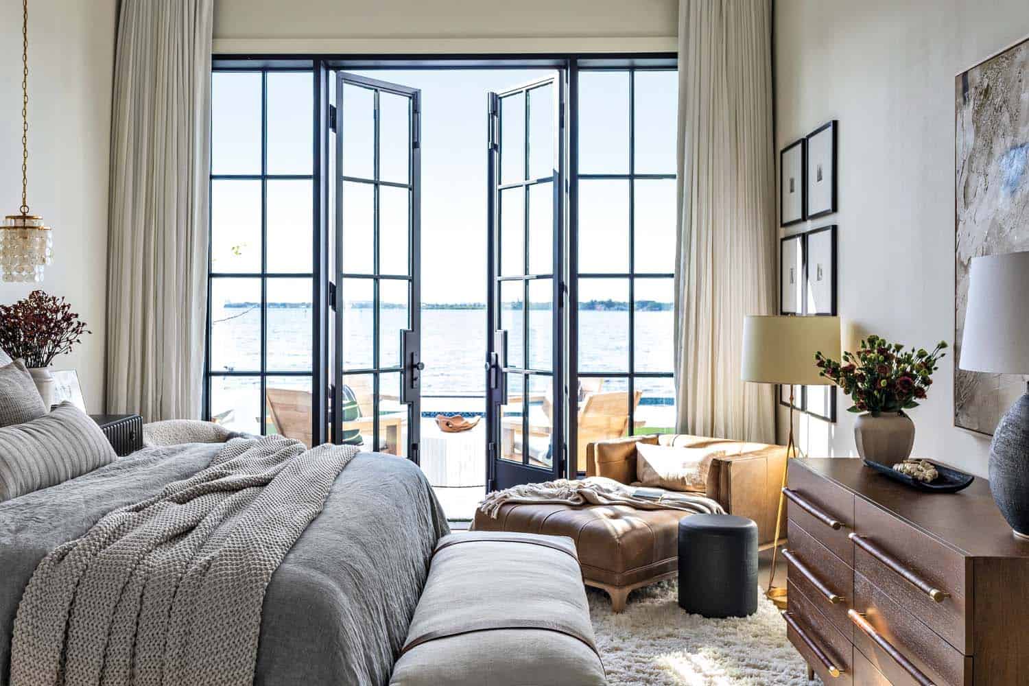 rustic modern coastal style bedroom with French doors