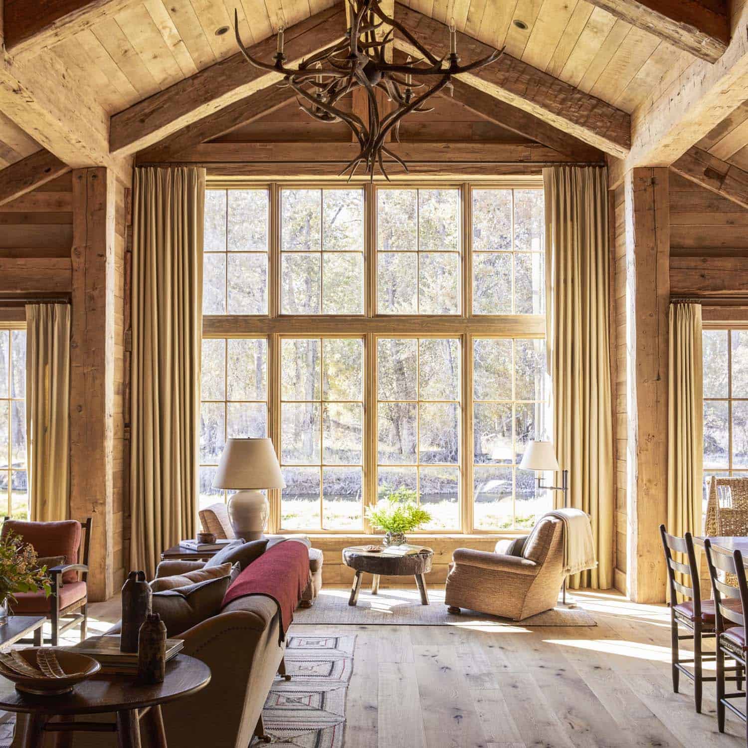 rustic style living room with tall ceilings