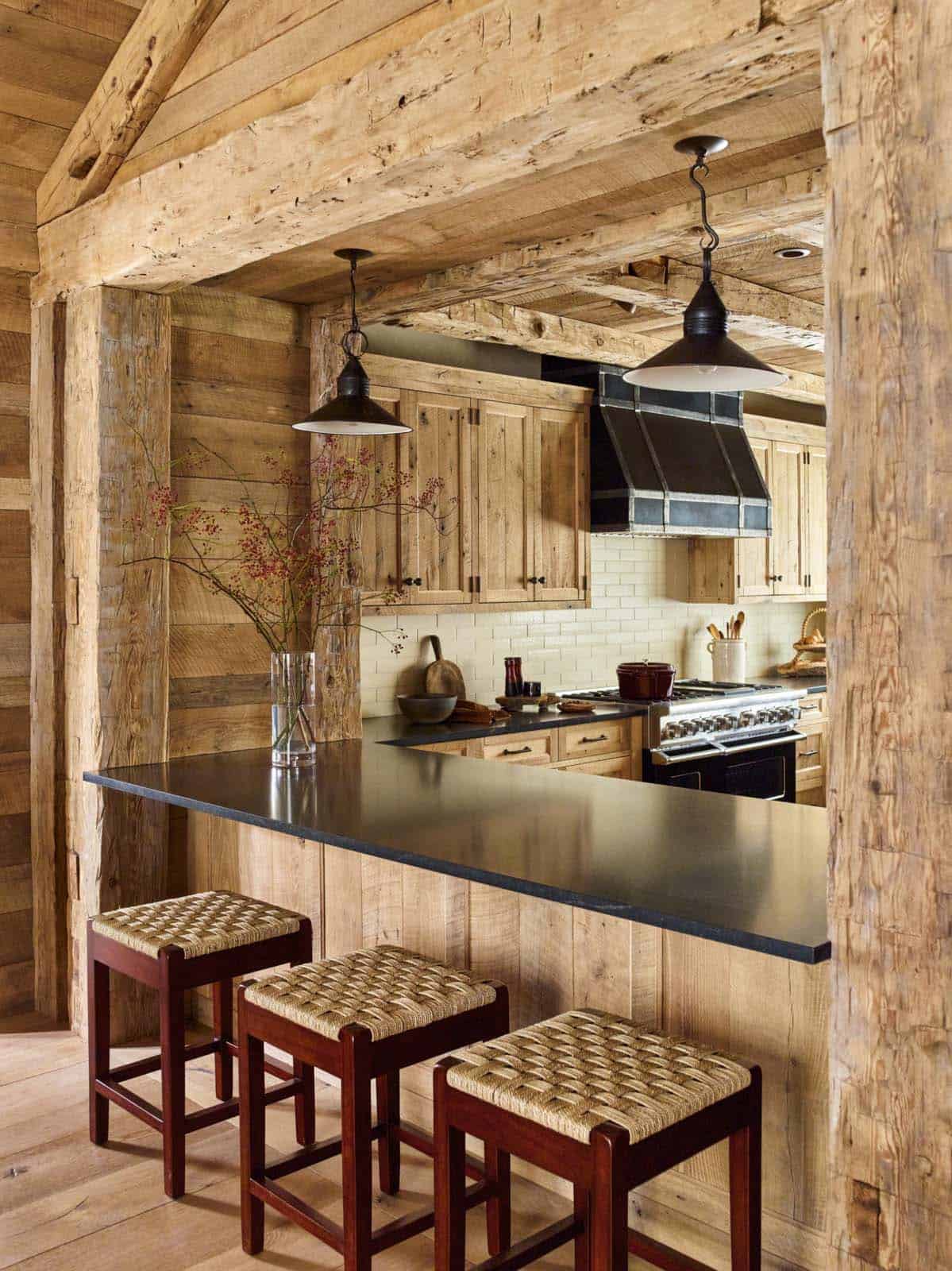 modern rustic kitchen with a bar counter and stools