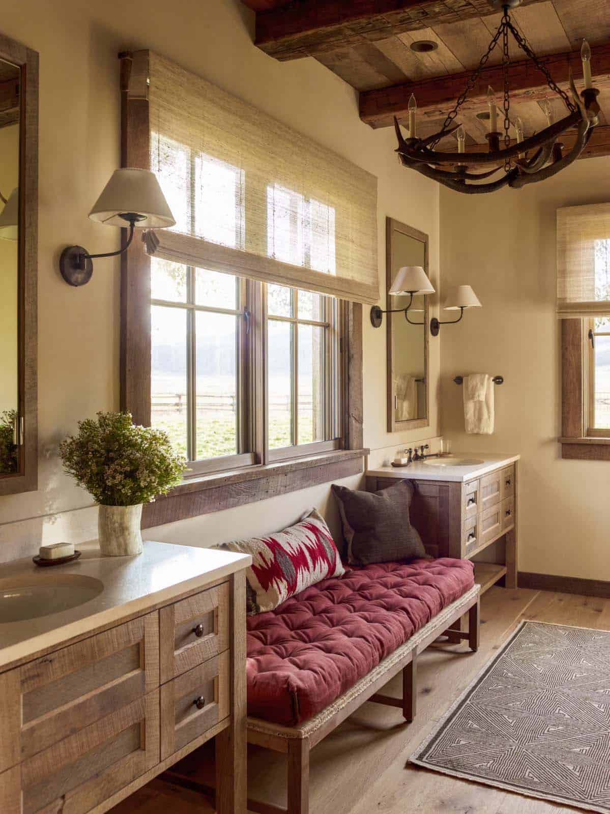 modern rustic bedroom with a bench in front of a window