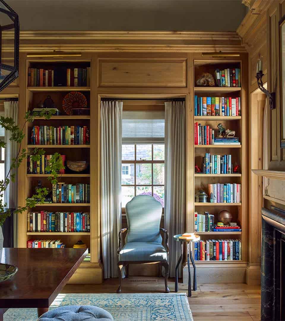 beach style home library with seating