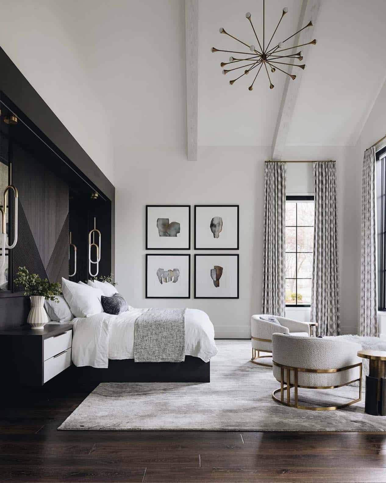 transitional style bedroom with tall ceilings