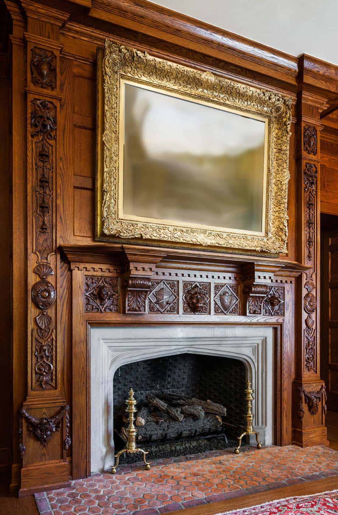 tudor style dining room fireplace