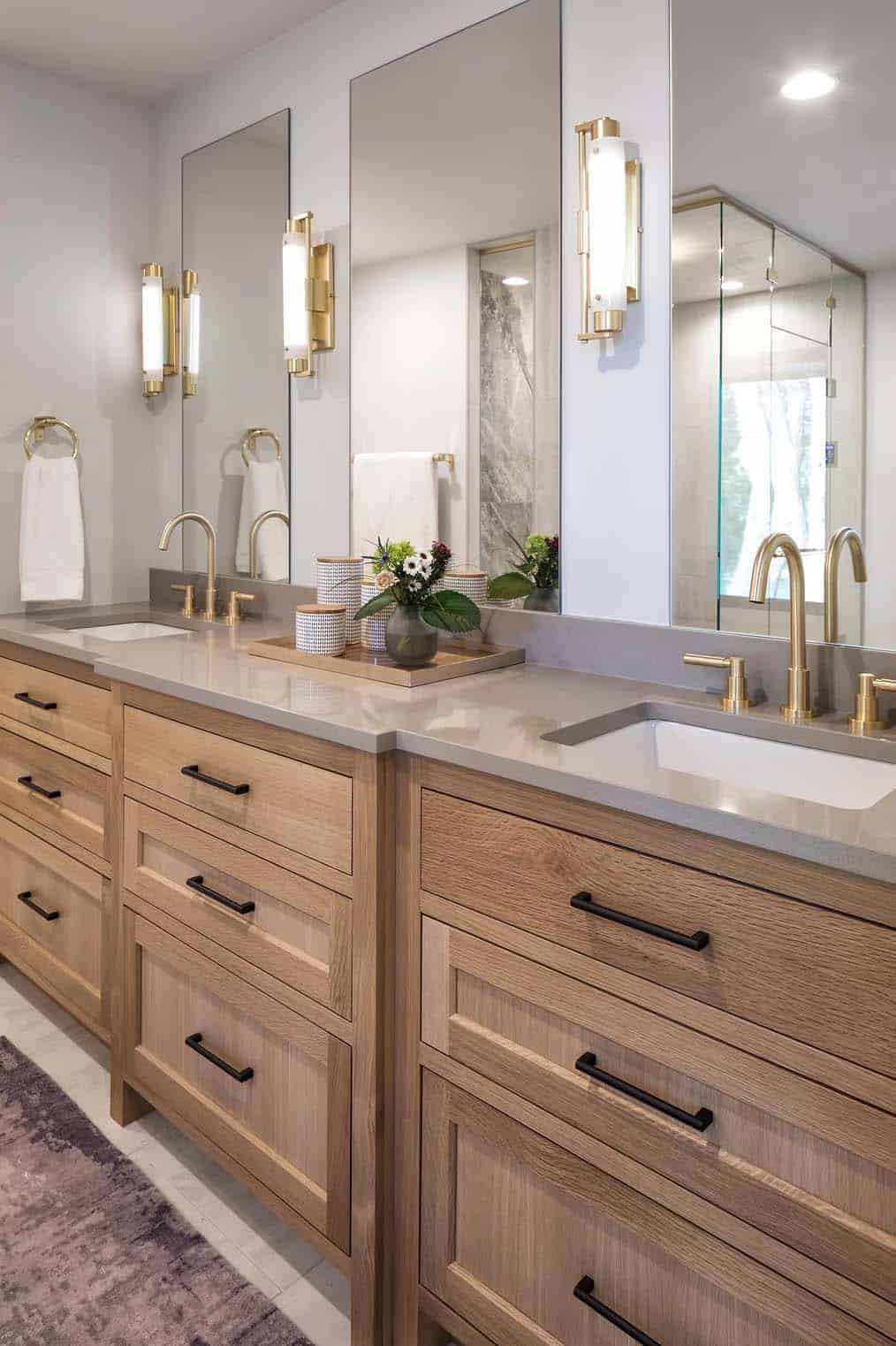 modern vanity with dual sinks and large mirrors