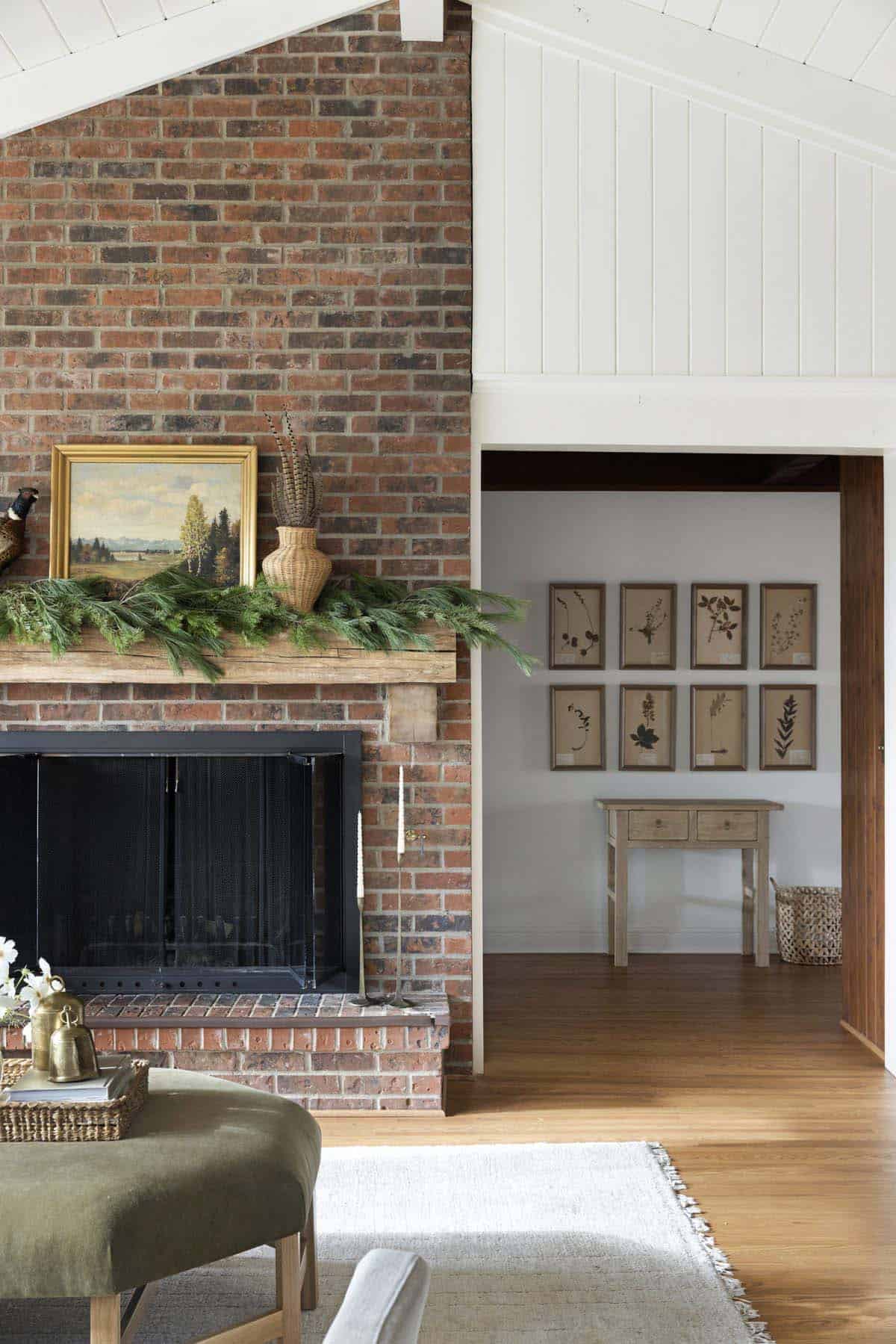 brick clad fireplace in the living room