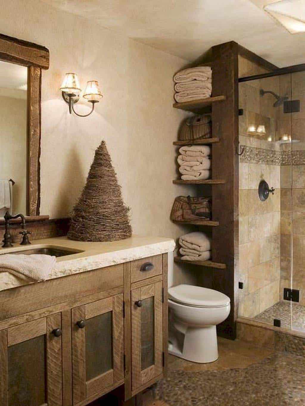 rustic bathroom vanity with open shelves and glass-enclosed shower