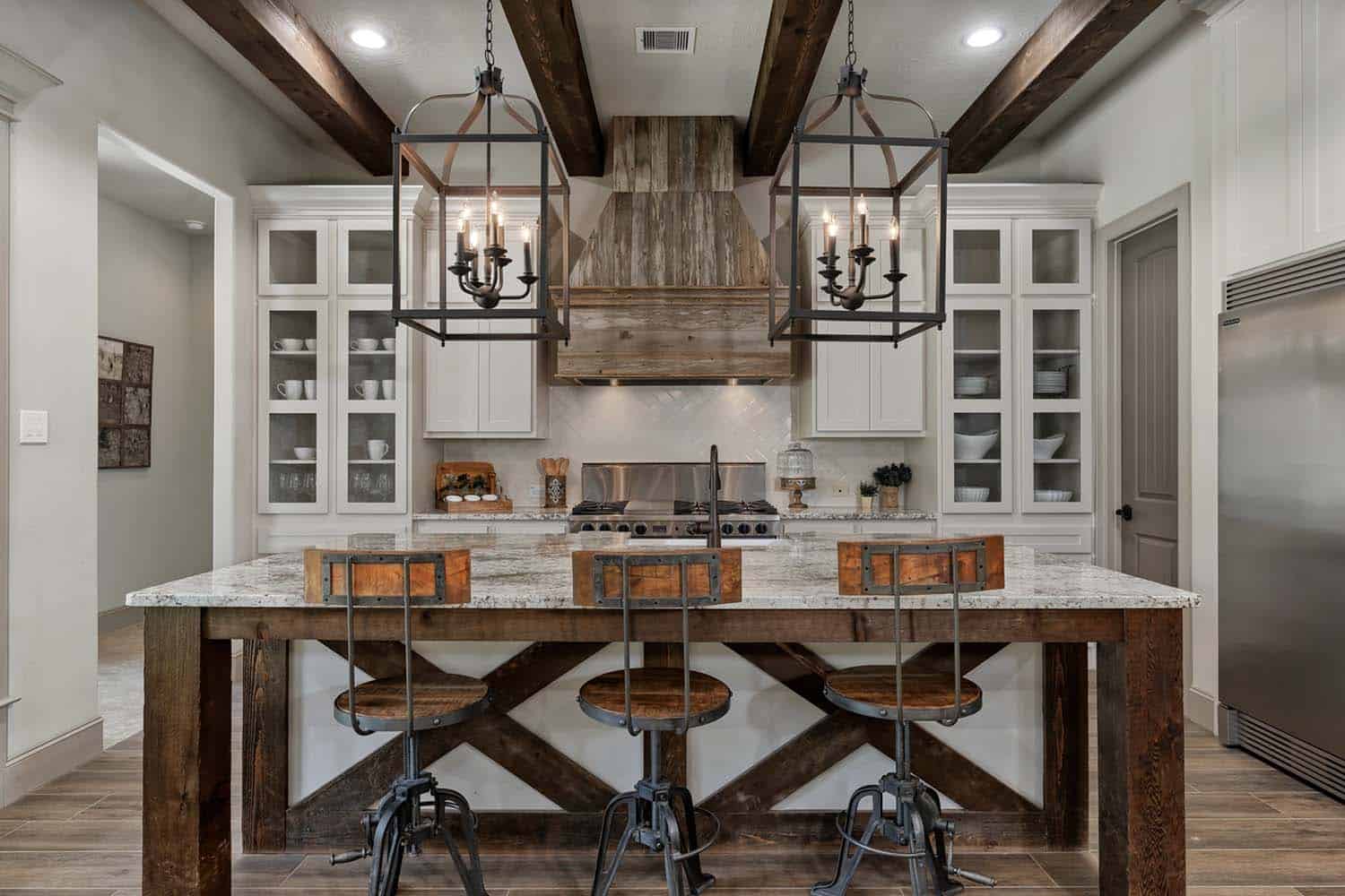 rustic kitchen with large pendant light