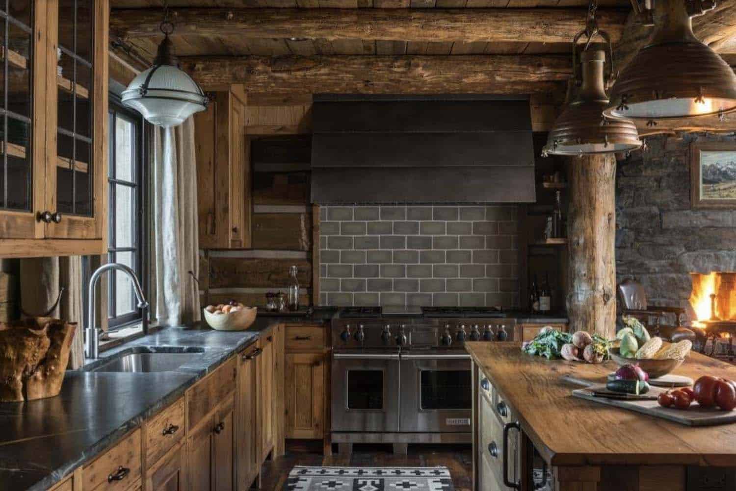 rustic kitchen with a handmade tile backsplash and custom range hood
