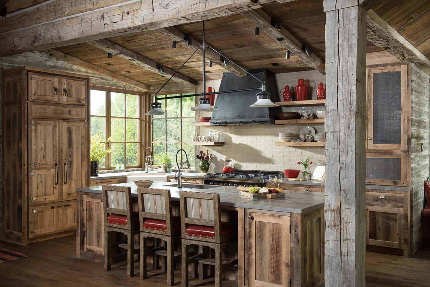 rustic kitchen with a custom metal hood